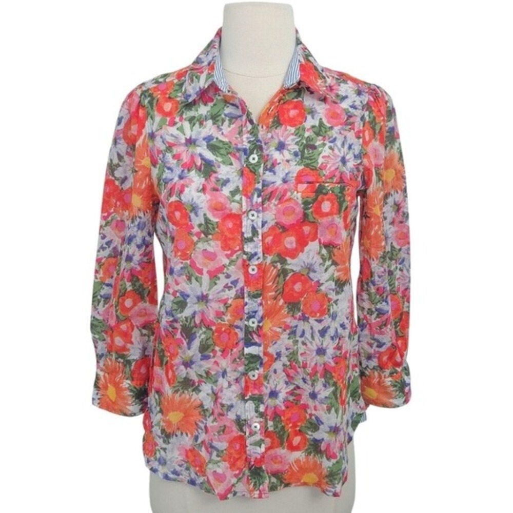 NWOT Anthropologie HD in Paris Orange Pink Floral Cotton Button Down Top- Size 4